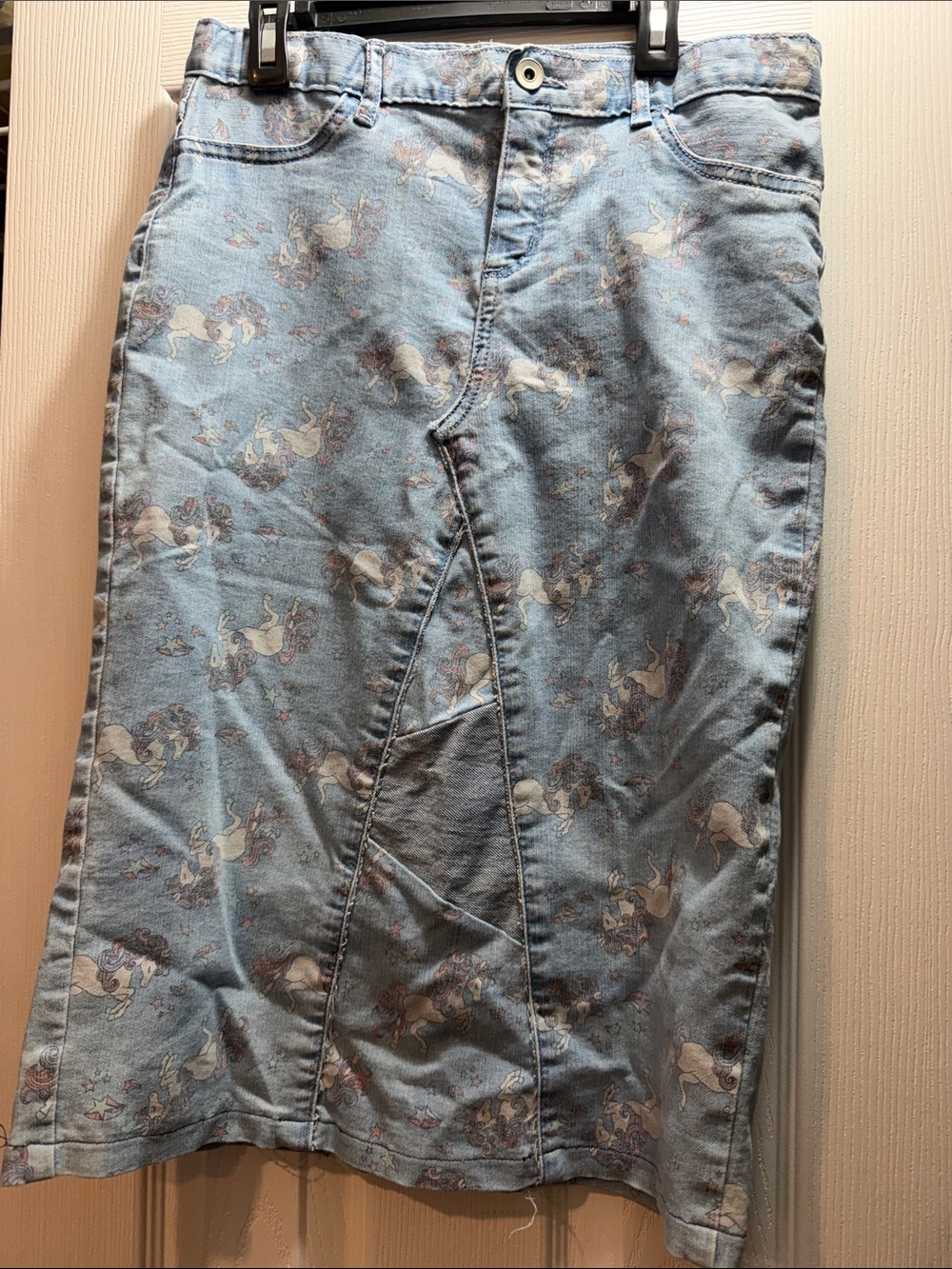 Light Blue Denim Skirt with Unicorn Print